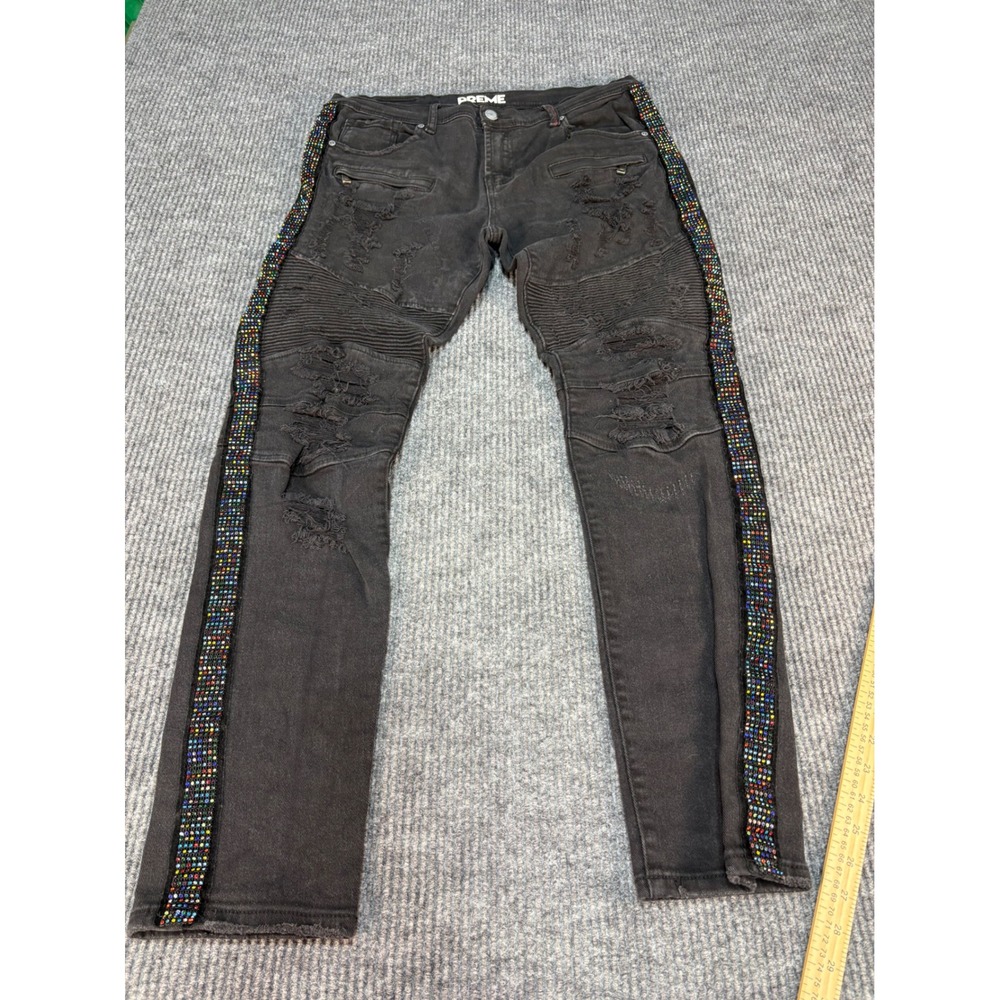 Preme Mens Moto Distressed Jeans Black Rhinestone Side Stripe 36x33 Streetwear